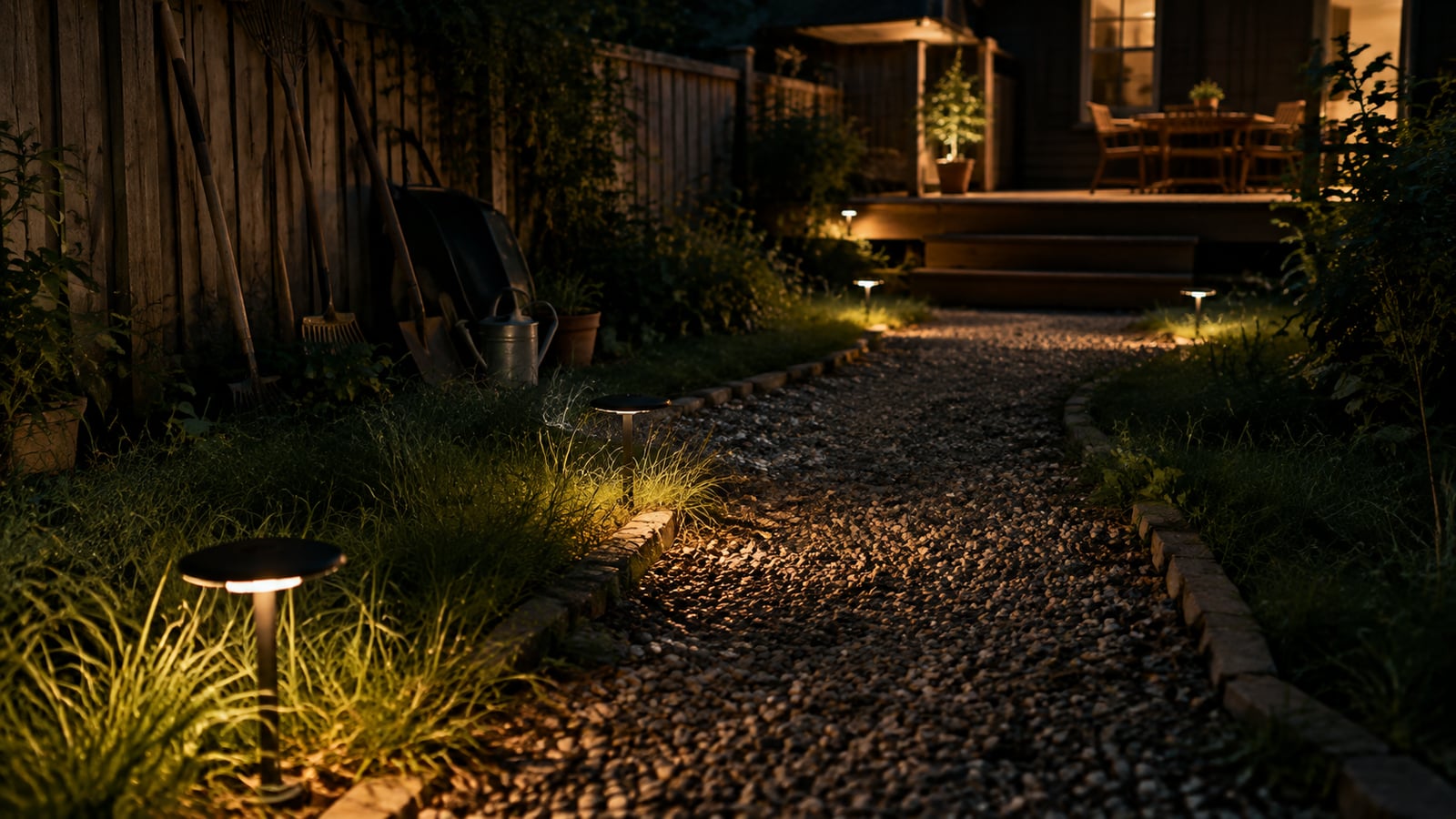 Садовая дорожка в ночное время, освещённая низкими грунтовыми светильниками вдоль края