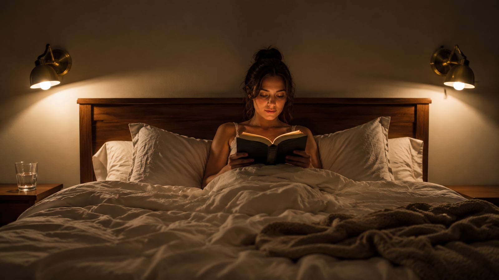 Спальня ночью: женщина сидит в кровати с книгой, над изголовьем два латунных бра с теплым светом