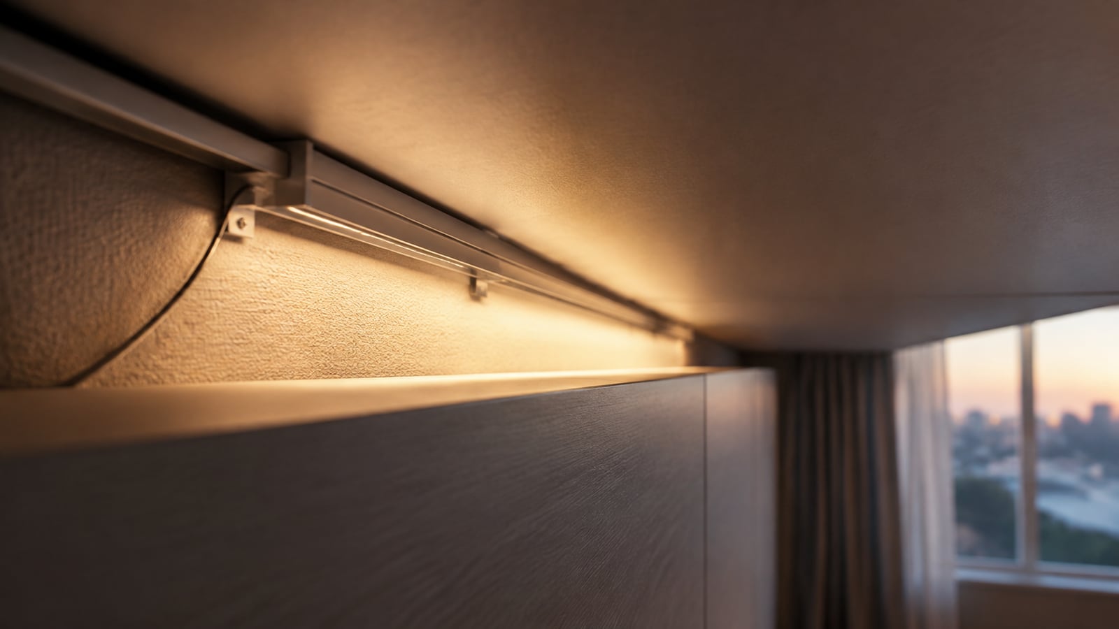Монтаж LED-ленты в щель между шкафом и потолком, видны крепления и кабель питания