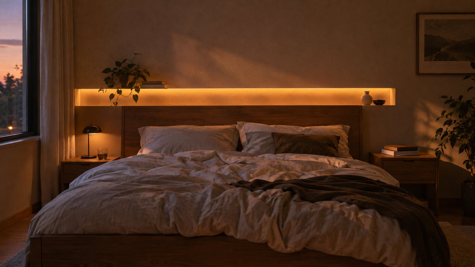Спальня с LED-подсветкой изголовья кровати, теплый свет из ниши, вид с ног кровати