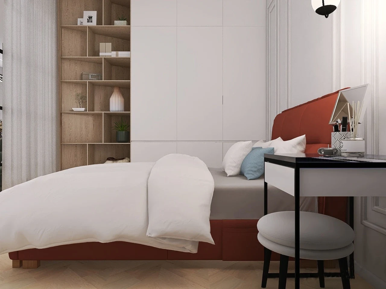 Белая спальня-гостиная с акцентами