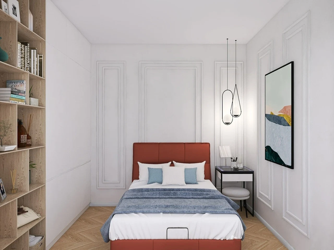 Белая спальня-гостиная с акцентами