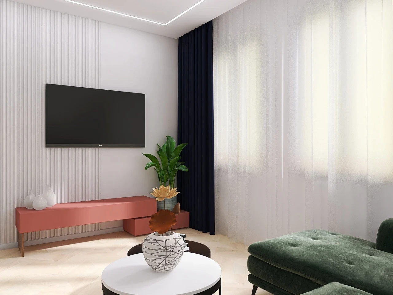 Белая спальня-гостиная с акцентами