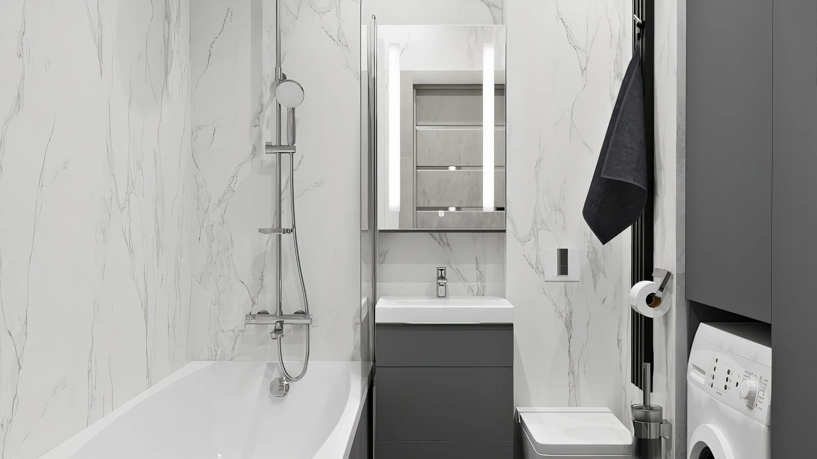 Монохромная ванная комната в минималистичном стиле