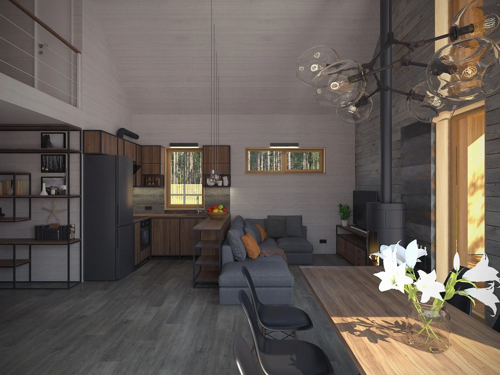 Дизайн проект гостиной-столовой в загородном доме